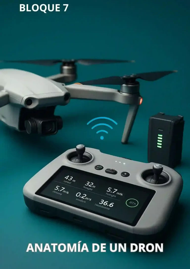 Dron gris con control remoto y batería, señal de conexión Wi-Fi visible.