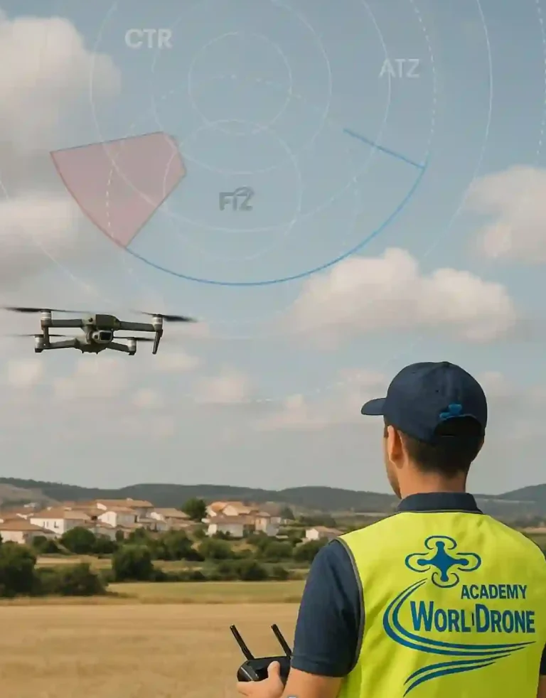 Un hombre observa un dron volando sobre un paisaje rural.