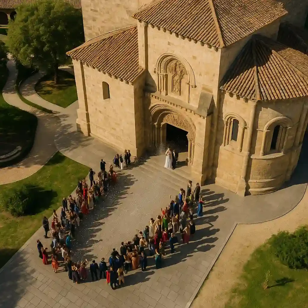 Imagen de dron de la salida de los novios